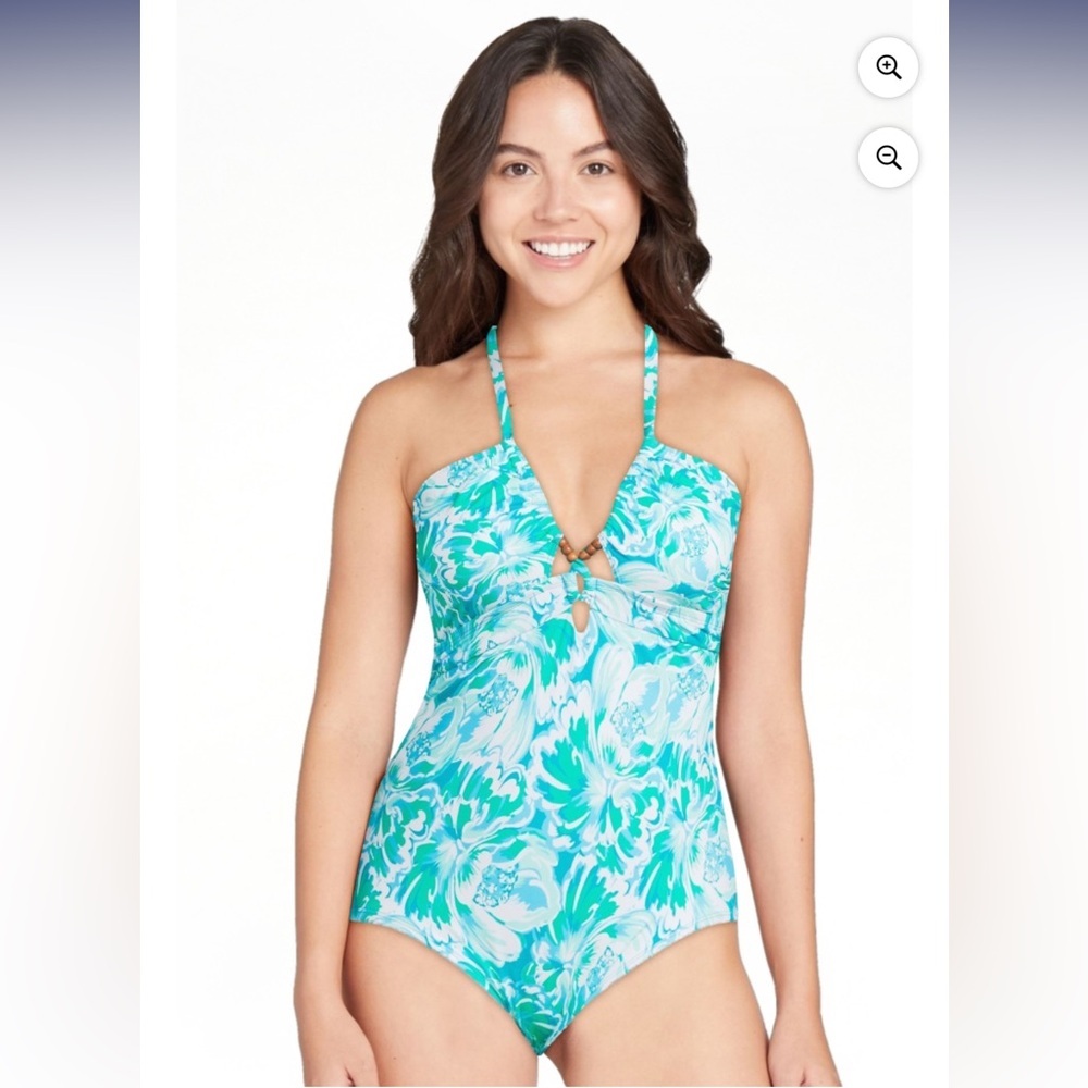 Time and Tru Women's V Neck Beaded Halter Swimsuit - Blue and White